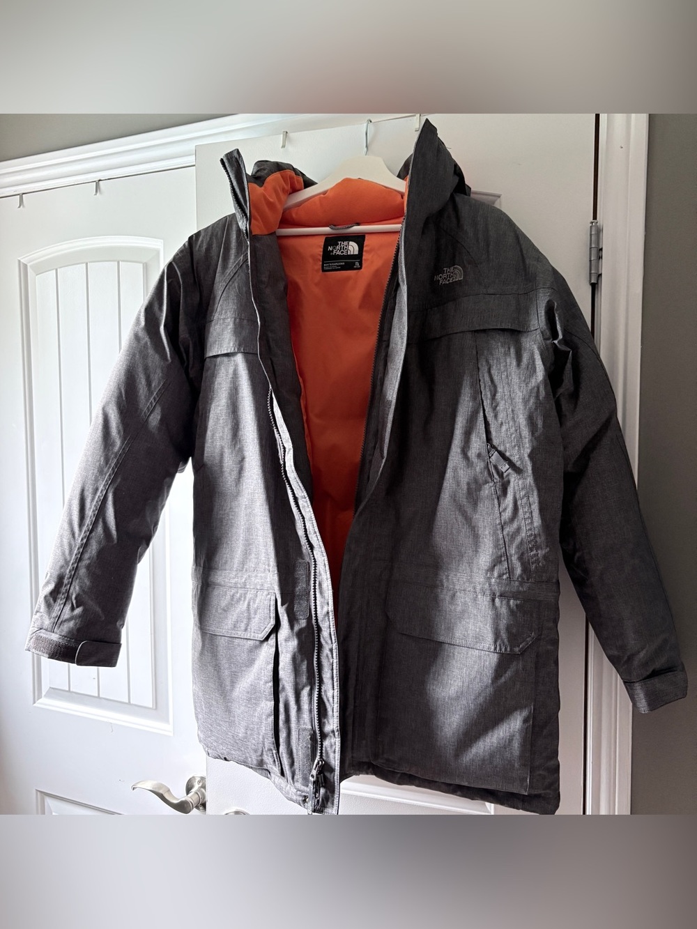 The North Face Kids Gray Puffer Jacket with Orange Lining